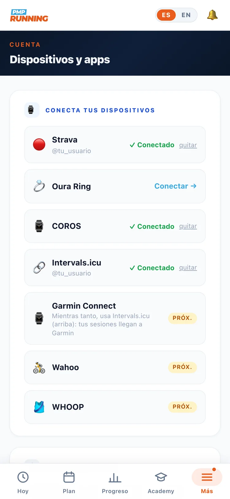 Connected devices: Strava, COROS, Intervals.icu