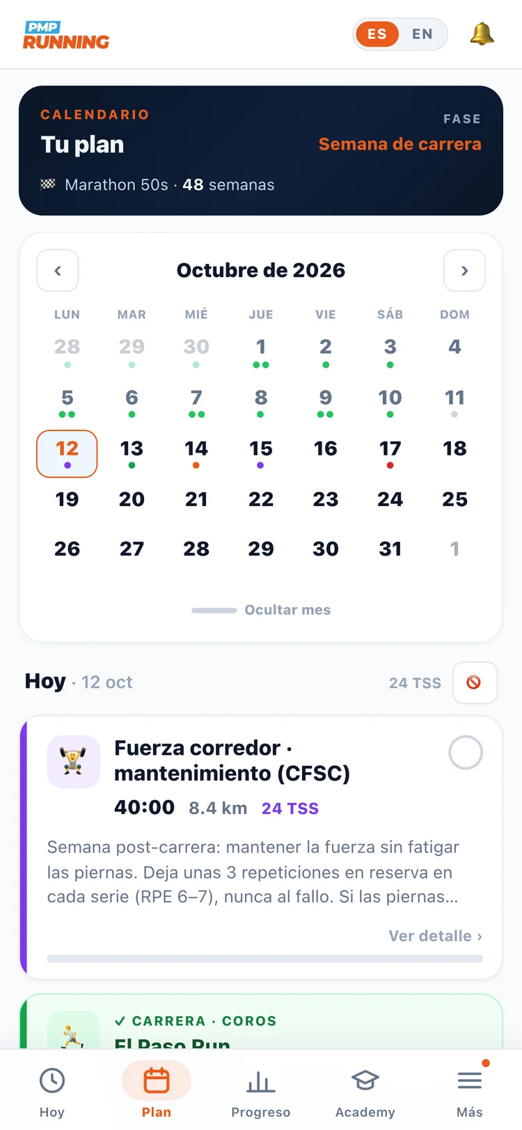 Weekly calendar with planned sessions