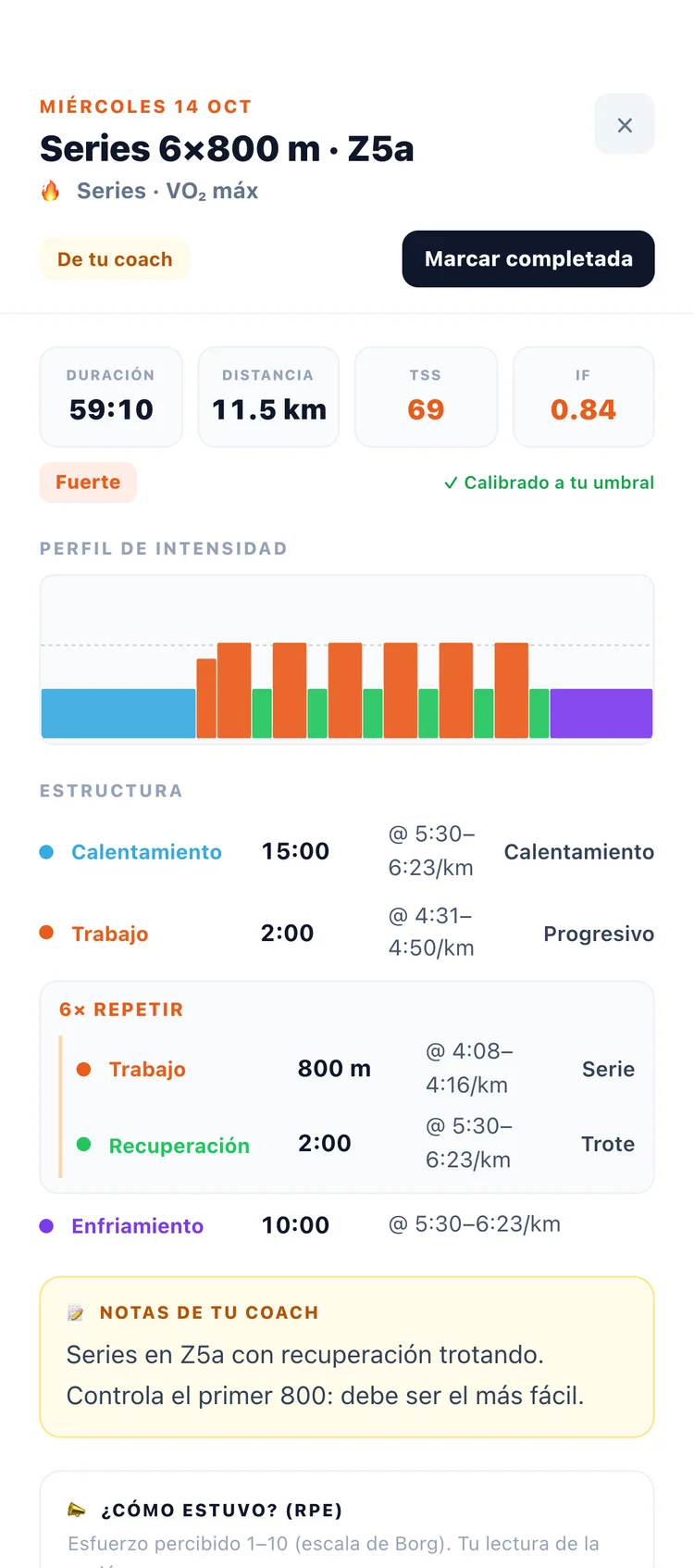 Interval session detail with intensity profile and steps with paces
